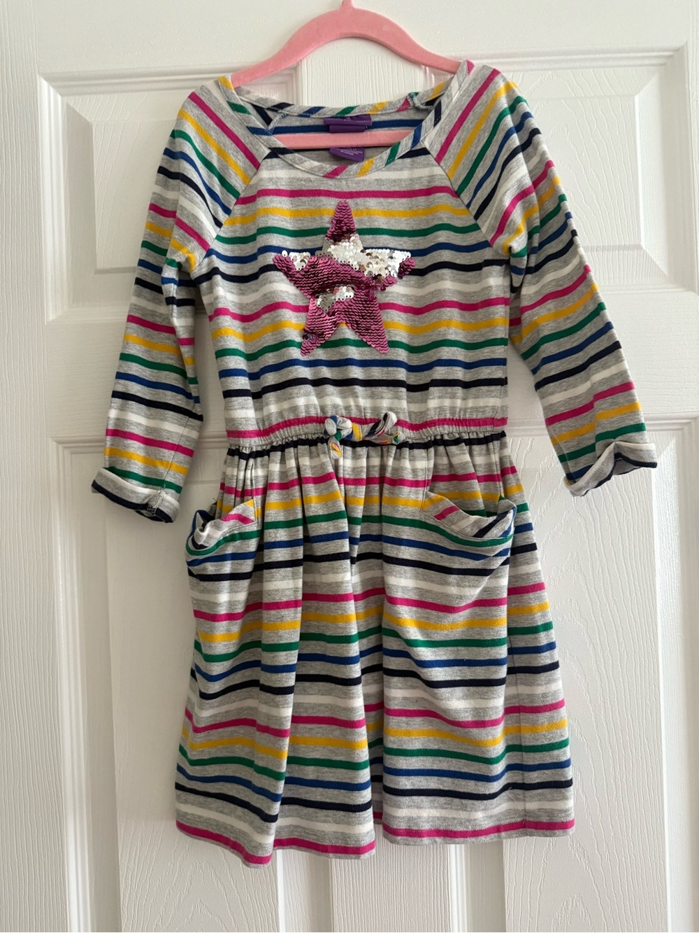Shrinking Violet Gray Striped Knit Dress with Pink Sequin Star